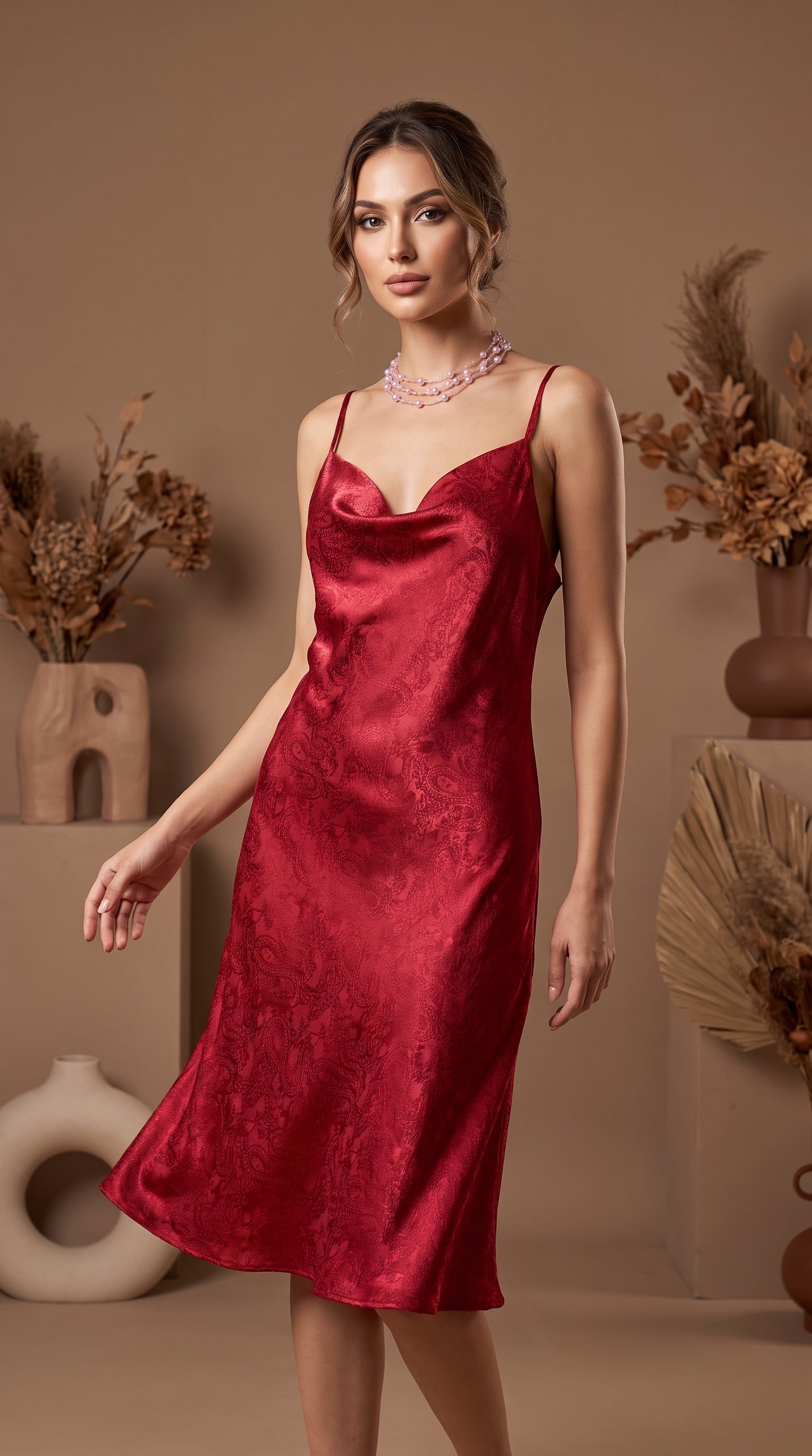 The Crimson Jacquard Midi Dress