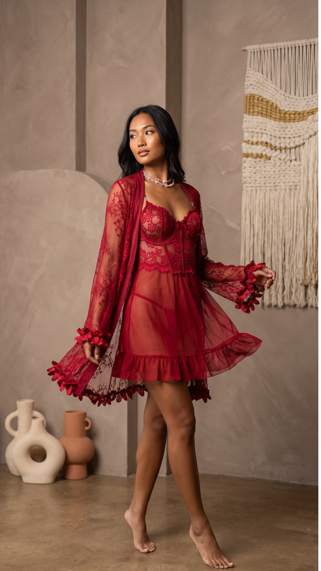 The Florence Crimson Lace Robe Set