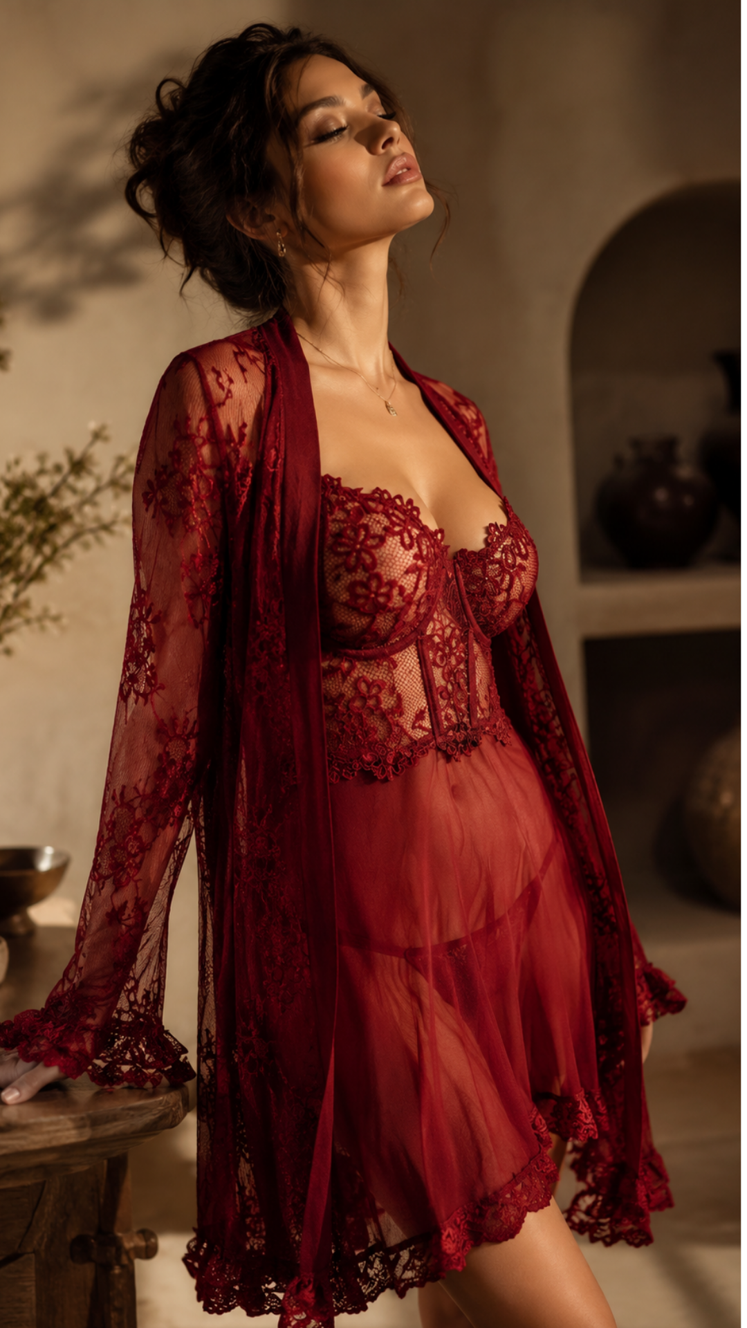 The Florence Crimson Lace Robe Set