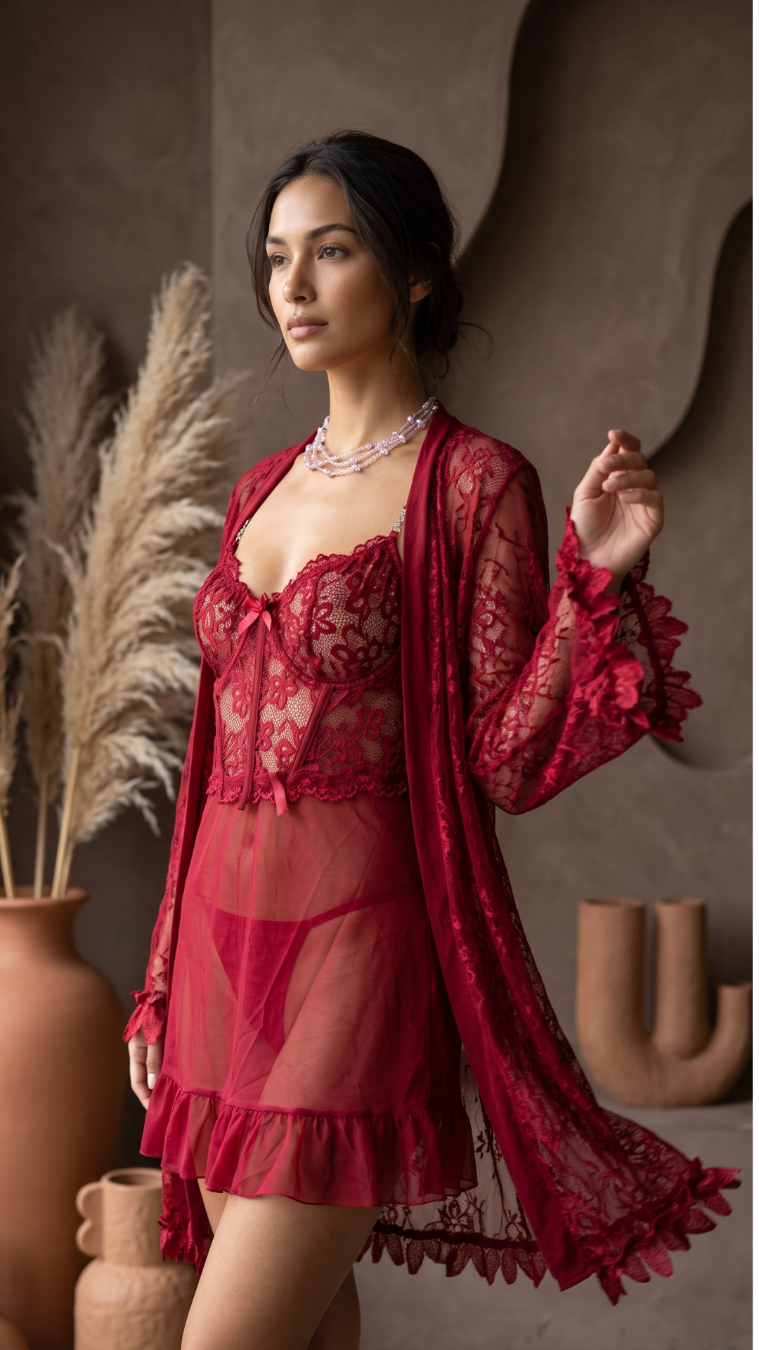 The Florence Crimson Lace Robe Set